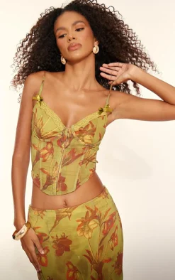 Online PrettyLittleThing Floral Print Sheer Chiffon Bow Detail Corset Green