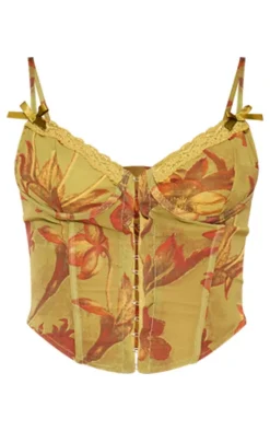 Online PrettyLittleThing Floral Print Sheer Chiffon Bow Detail Corset Green