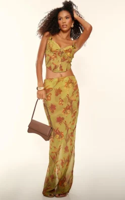 Online PrettyLittleThing Floral Print Sheer Chiffon Low Rise Maxi Skirt Green