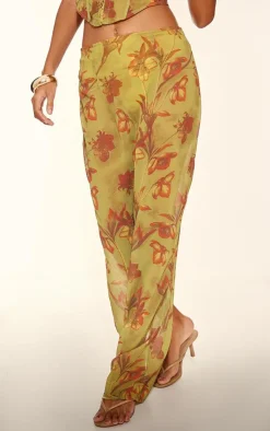 Online PrettyLittleThing Floral Print Sheer Chiffon Low Rise Maxi Skirt Green