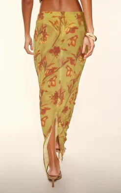Online PrettyLittleThing Floral Print Sheer Chiffon Low Rise Maxi Skirt Green