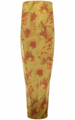 Online PrettyLittleThing Floral Print Sheer Chiffon Low Rise Maxi Skirt Green