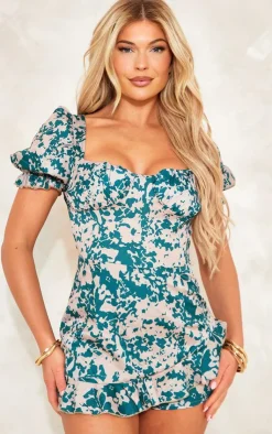 Floral Print Tie Detail Low Back Frill Hem Romper-PrettyLittleThing Online