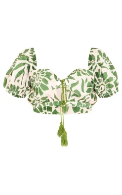 New PrettyLittleThing Floral Print Woven Puff Sleeve Crop Top Green