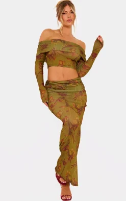 Clearance PrettyLittleThing Floral Printed Sheer Burnout Mesh Fold Over Hem Low Rise Maxi Skirt Green