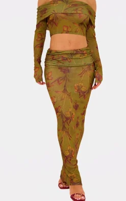 Clearance PrettyLittleThing Floral Printed Sheer Burnout Mesh Fold Over Hem Low Rise Maxi Skirt Green