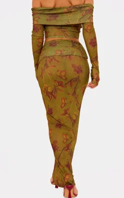 Clearance PrettyLittleThing Floral Printed Sheer Burnout Mesh Fold Over Hem Low Rise Maxi Skirt Green