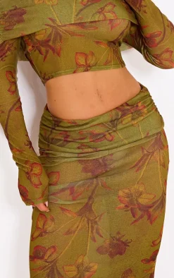 Clearance PrettyLittleThing Floral Printed Sheer Burnout Mesh Fold Over Hem Low Rise Maxi Skirt Green