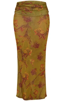 Clearance PrettyLittleThing Floral Printed Sheer Burnout Mesh Fold Over Hem Low Rise Maxi Skirt Green