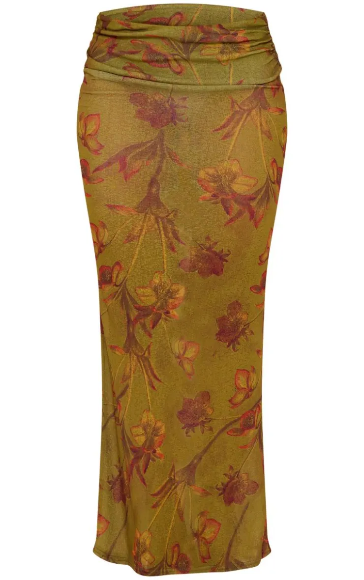 Clearance PrettyLittleThing Floral Printed Sheer Burnout Mesh Fold Over Hem Low Rise Maxi Skirt Green