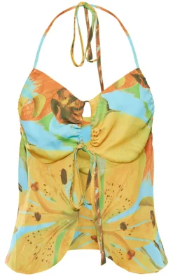 Hot PrettyLittleThing Floral Printed Split Hem Halterneck Cami Top Green