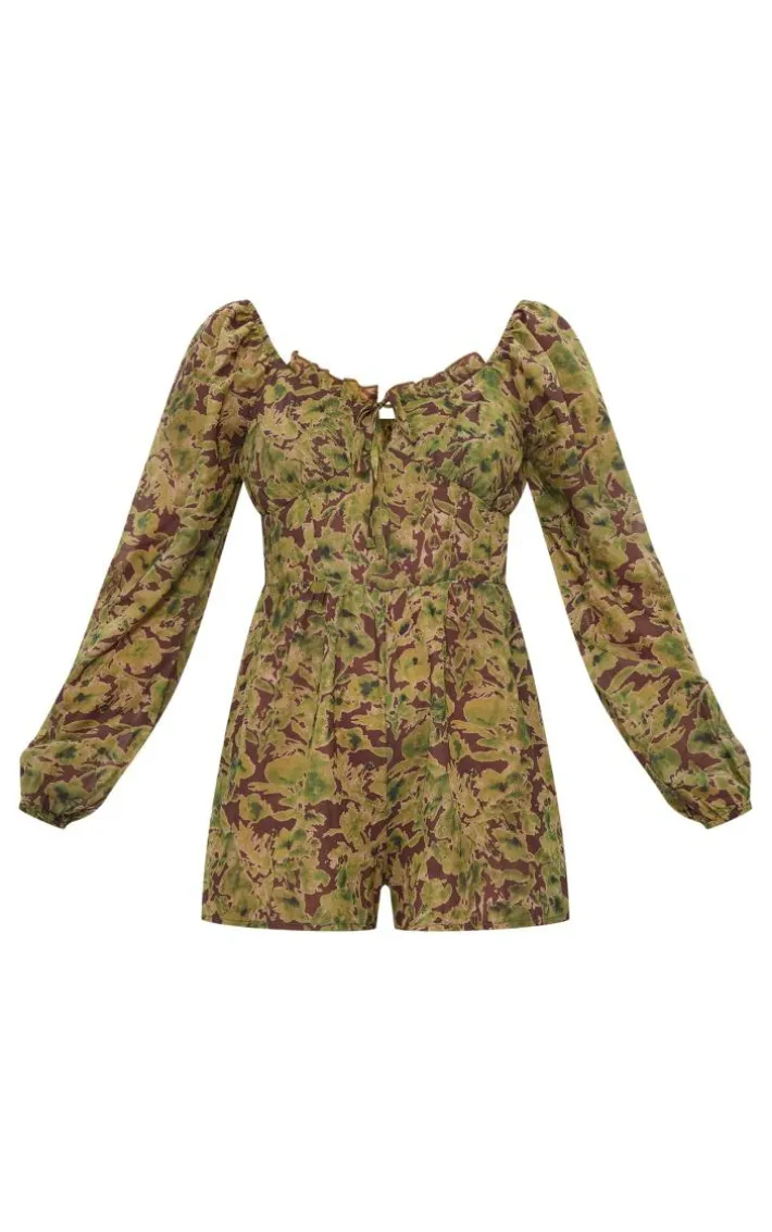 Green Floral Printed Tie Back Cut Out Romper