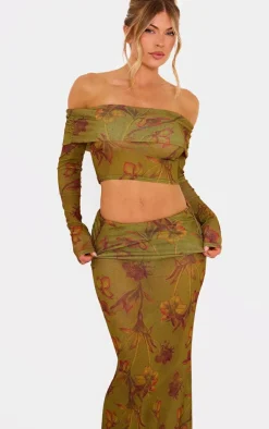 Sale PrettyLittleThing Floral Sheer Burnout Mesh Fold Over Hem Long Sleeve Bardot Top Green