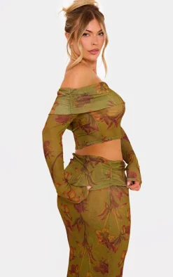 Sale PrettyLittleThing Floral Sheer Burnout Mesh Fold Over Hem Long Sleeve Bardot Top Green