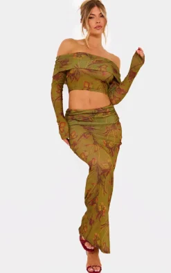 Sale PrettyLittleThing Floral Sheer Burnout Mesh Fold Over Hem Long Sleeve Bardot Top Green