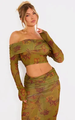 Sale PrettyLittleThing Floral Sheer Burnout Mesh Fold Over Hem Long Sleeve Bardot Top Green