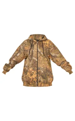 Online PrettyLittleThing Green Forest Camo Black Badge Zip Up Oversized Hoodie Forest Green