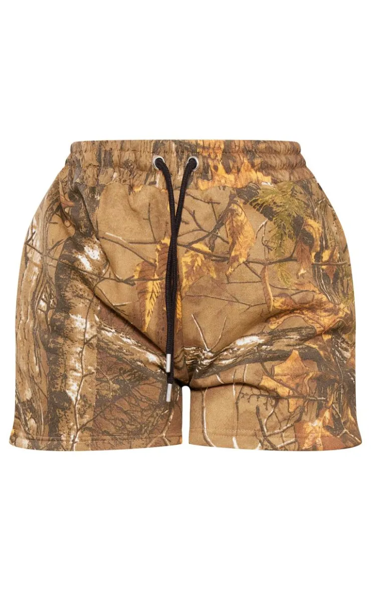 Clearance PrettyLittleThing Forest Camo Black Oversized Badge Runner Shorts Green