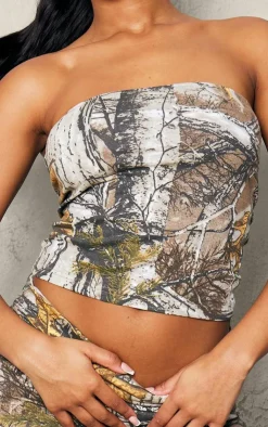 Online PrettyLittleThing Forest Camo Longline Bandeau Top Green