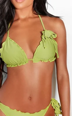Green Frill Bow Detail Triangle Bikini Top