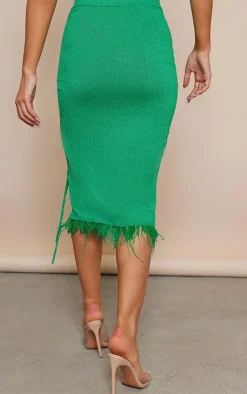 Sale PrettyLittleThing Glitter Knit Feather Trim Midaxi Skirt Green