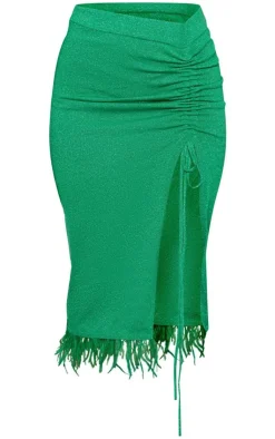 Sale PrettyLittleThing Glitter Knit Feather Trim Midaxi Skirt Green
