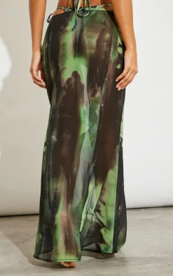 Green Grunge Print Mesh Fishtail Maxi Skirt