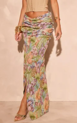 Green Jacquard Ruched Waist Split Front Maxi Skirt