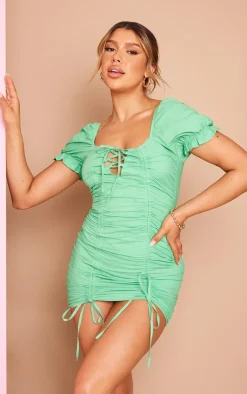 Lace Up Ruched Puff Sleeve Bodycon Dress-PrettyLittleThing Outlet