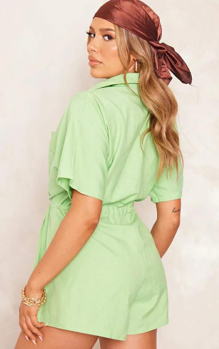 Green Linen Look Tie Waist Shirt Style Romper