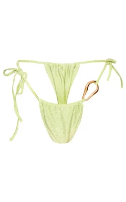 Green Lurex Trim Detail Tie Side Bikini Bottoms