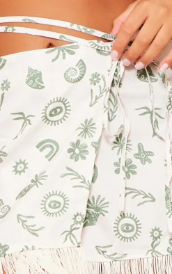 Green Mozaic Print Tassel Hem Wrap Mini Skirt