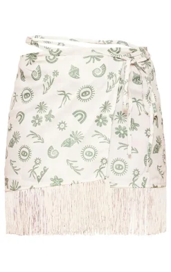 Green Mozaic Print Tassel Hem Wrap Mini Skirt