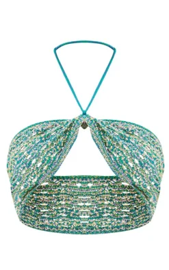 Discount PrettyLittleThing Multi Stitch Crochet Knit Bralet Green