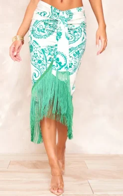 Green Paisley Print Tassel Hem Midi Skirt