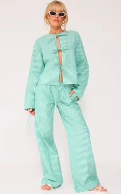 Discount PrettyLittleThing Pinstripe Woven Wide Leg Pants Green