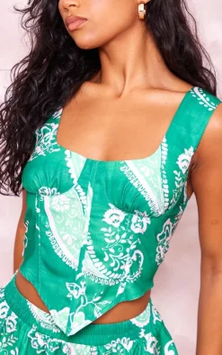 New PrettyLittleThing Print Linen Look Corset Green