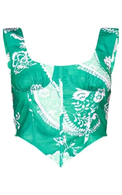 New PrettyLittleThing Print Linen Look Corset Green