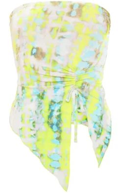 New PrettyLittleThing Print Slinky Ruched Asymmetric Bandeau Green