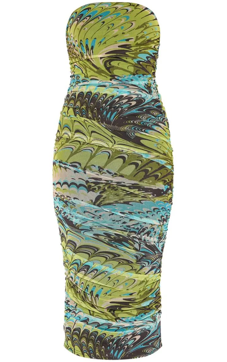 Printed Mesh Bandeau Ruched Midaxi Dress-PrettyLittleThing Best