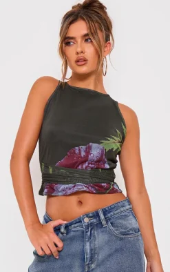 PrettyLittleThing Sleeveless Tops*Printed Mesh Tie Detail Boat Neck Top