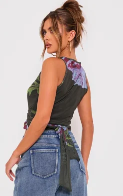 PrettyLittleThing Sleeveless Tops*Printed Mesh Tie Detail Boat Neck Top