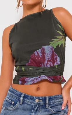 PrettyLittleThing Sleeveless Tops*Printed Mesh Tie Detail Boat Neck Top
