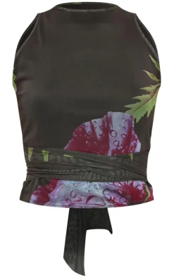 PrettyLittleThing Sleeveless Tops*Printed Mesh Tie Detail Boat Neck Top