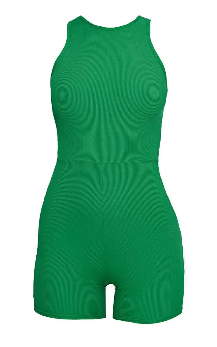 Green Ribbed Racer Neck Unitard