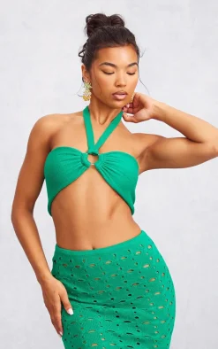 Sale PrettyLittleThing Ring Detal Halter Tie Knit Bralet Green