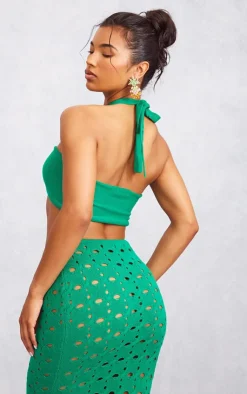 Sale PrettyLittleThing Ring Detal Halter Tie Knit Bralet Green