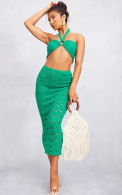 Sale PrettyLittleThing Ring Detal Halter Tie Knit Bralet Green