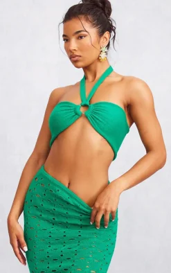 Sale PrettyLittleThing Ring Detal Halter Tie Knit Bralet Green