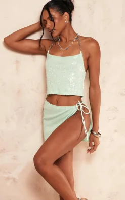 Discount PrettyLittleThing Sequin Chain Halterneck Long Top Green